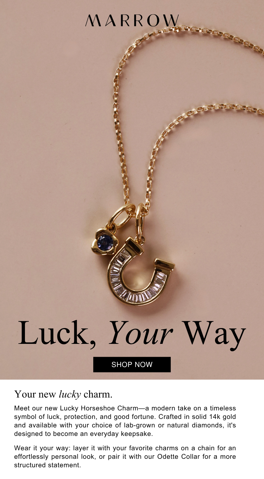 Meet our new Lucky Horseshoe Charm—a modern take on a timeless symbol of luck, protection, and good fortune. Crafted in solid 14k gold and available with your choice of lab-grown or natural diamonds, it's designed to become an everyday keepsake.  Wear it your way: layer it with your favorite charms on a chain for an effortlessly personal look, or pair it with our Odette Collar for a more structured statement.