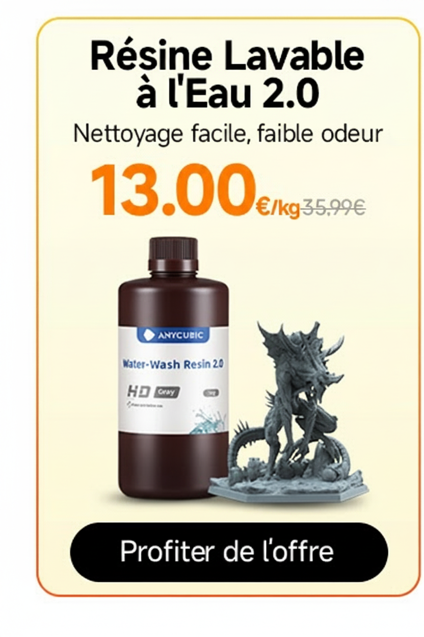 Advertisement for Anycubic Water-Wash Resin 2.0, priced at €13.00/kg.