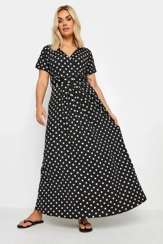 Image of YOURS - Robe Noire Maxi Design Ã  Pois Cache-Coeur
