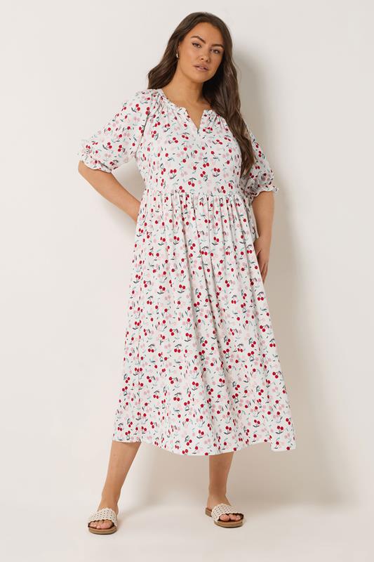 Image of YOURS Robe longue crÃ¨me Ã  motif fleurs et cerises avec encolure fendue