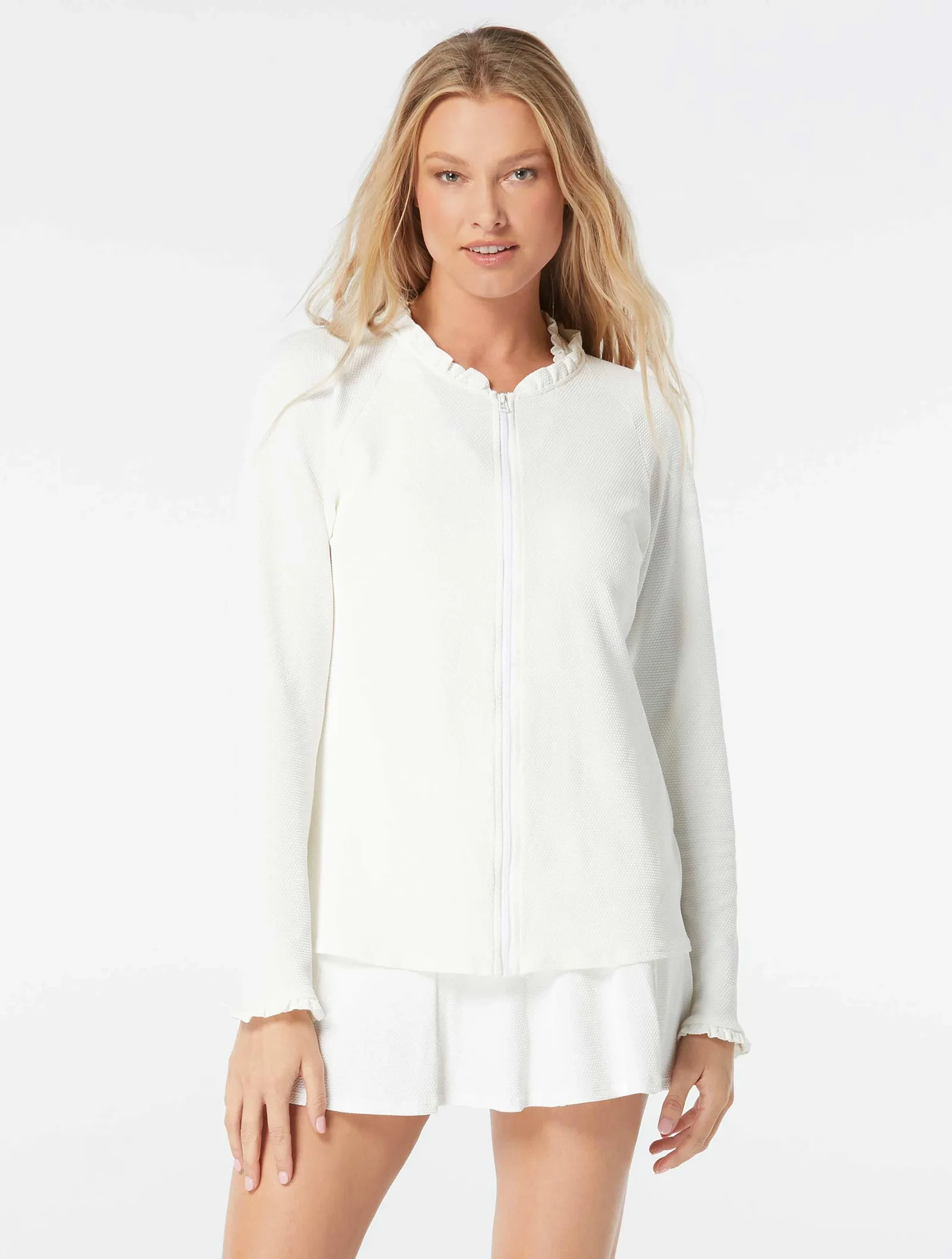 Image of Beach House Swim Phoebe Relaxed Fit Ruffled Textured Rash Guard - Pique Solids