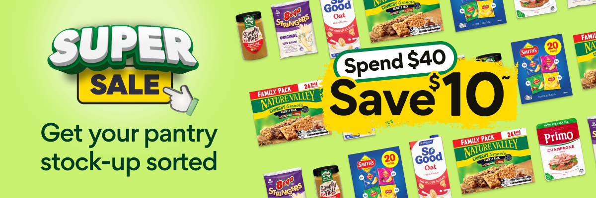 Get your pantry stock-up sorted with the Super Sale at Woolworths. Spend forty dollars and save 10 dollars. Terms and conditions apply.