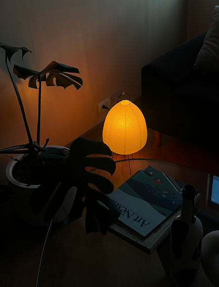 A DIM WARM LIT LAMP ON A BEDSIDE TABLE WITH A PLANT.