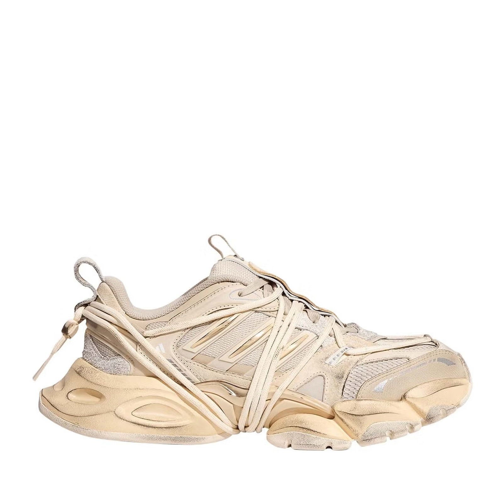 Beige chunky trainer with layered mesh and leather panels, sculpted sole and long wrapped laces, side view on white background
