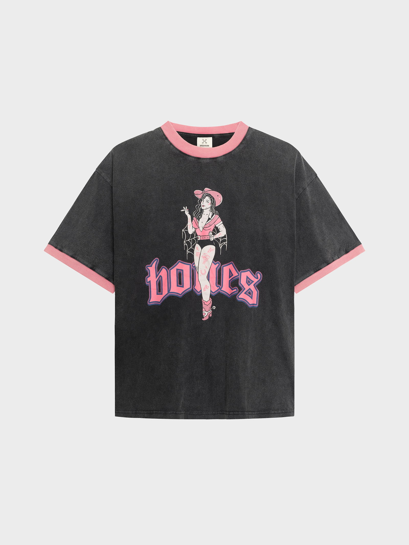 Image of Neon Cowgirl Ringer Tee - Washed Black/Pink