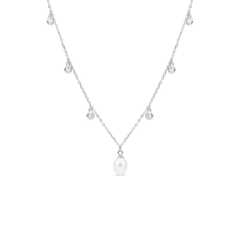 Sterling Silver Freshwater Pearl & Cubic Zirconia Droplets Necklet 
