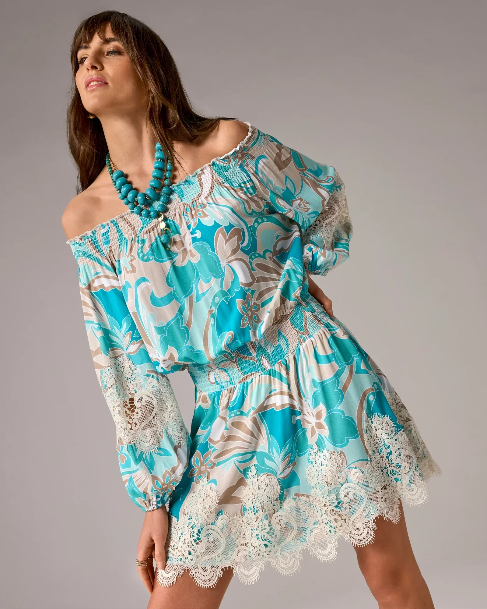 Image of Off The Shoulder Printed Lace Trim Dress Agua Abstract