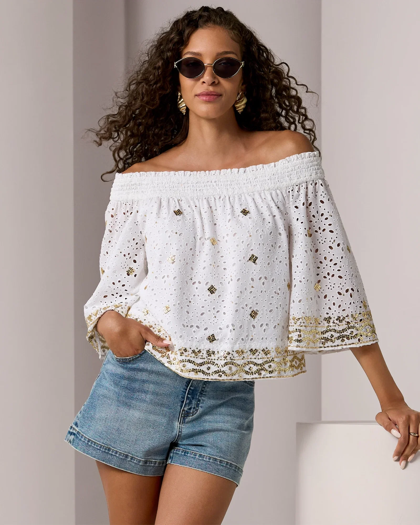 Image of Off The Shoulder Novelty Embroidered Eyelet Top White/Gold