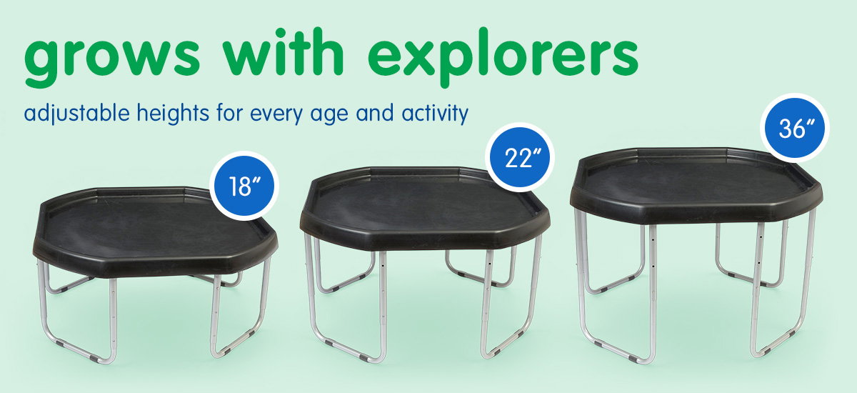 Tuff Tray stand shown in 18", 22" and 36" height configuration