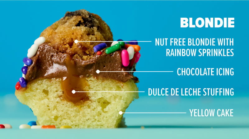 Blondie: Yellow cake, dulce de leche stuffing, chocolate icing, and nut free blondie with rainbow sprinkles on top.