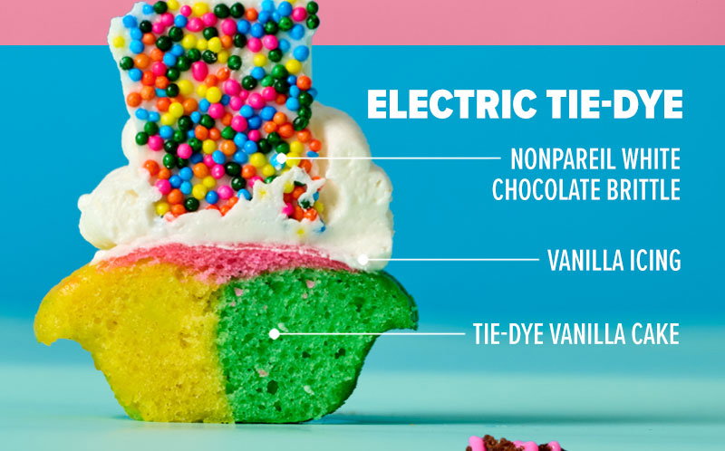 Electric tie-dye: Tie-dye vanilla cake, vanilla icing, and a nonpareil white chocolate brittle on top.