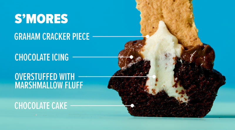 S'mores: Chocolate cake, overstuffed with marshmallow fluff, chocolate icing, and a graham cracker piece on top.