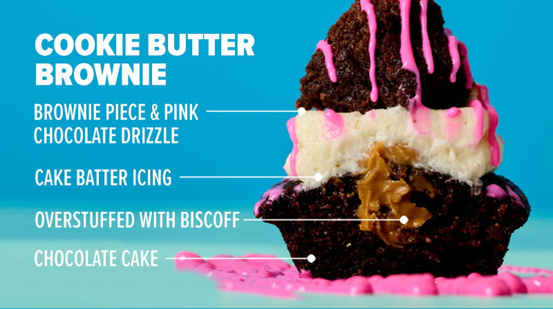 Cookie butter brownie: Chocolate cake, overstuffed with Biscoff, cake batter icing, and a brownie piece & pink chocolate drizzle on top.