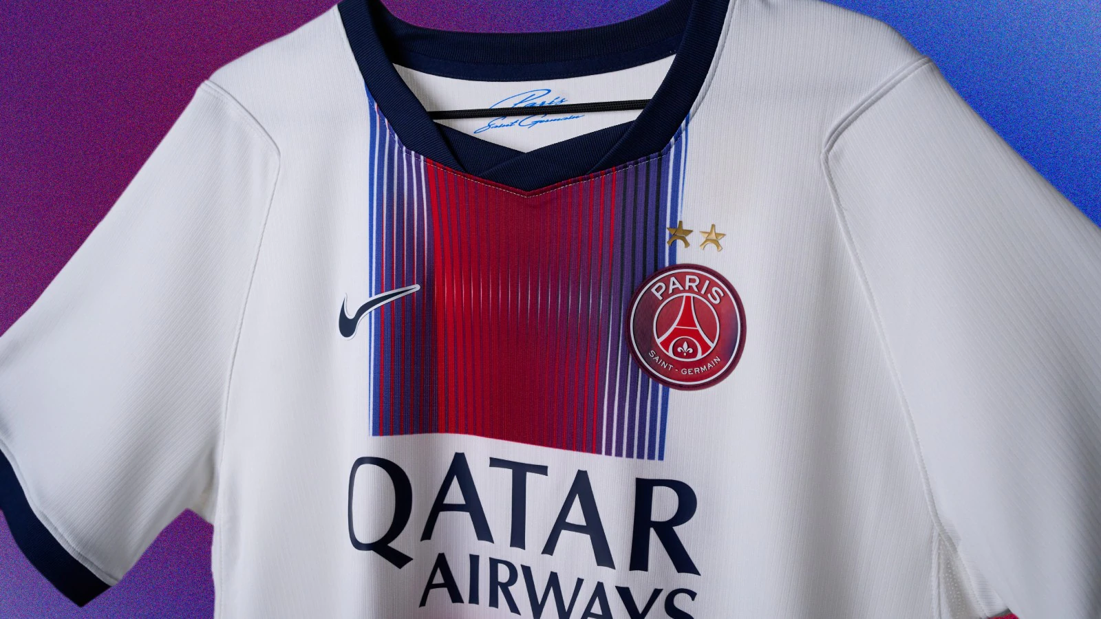 PSG white away jersey with 2 golf stars above PSG crest