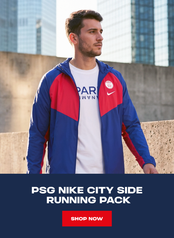 Nike City Side Running Pack featuring a blue and red hooded jacket with Shop Now CTA promoting the latest PSG arrivals.