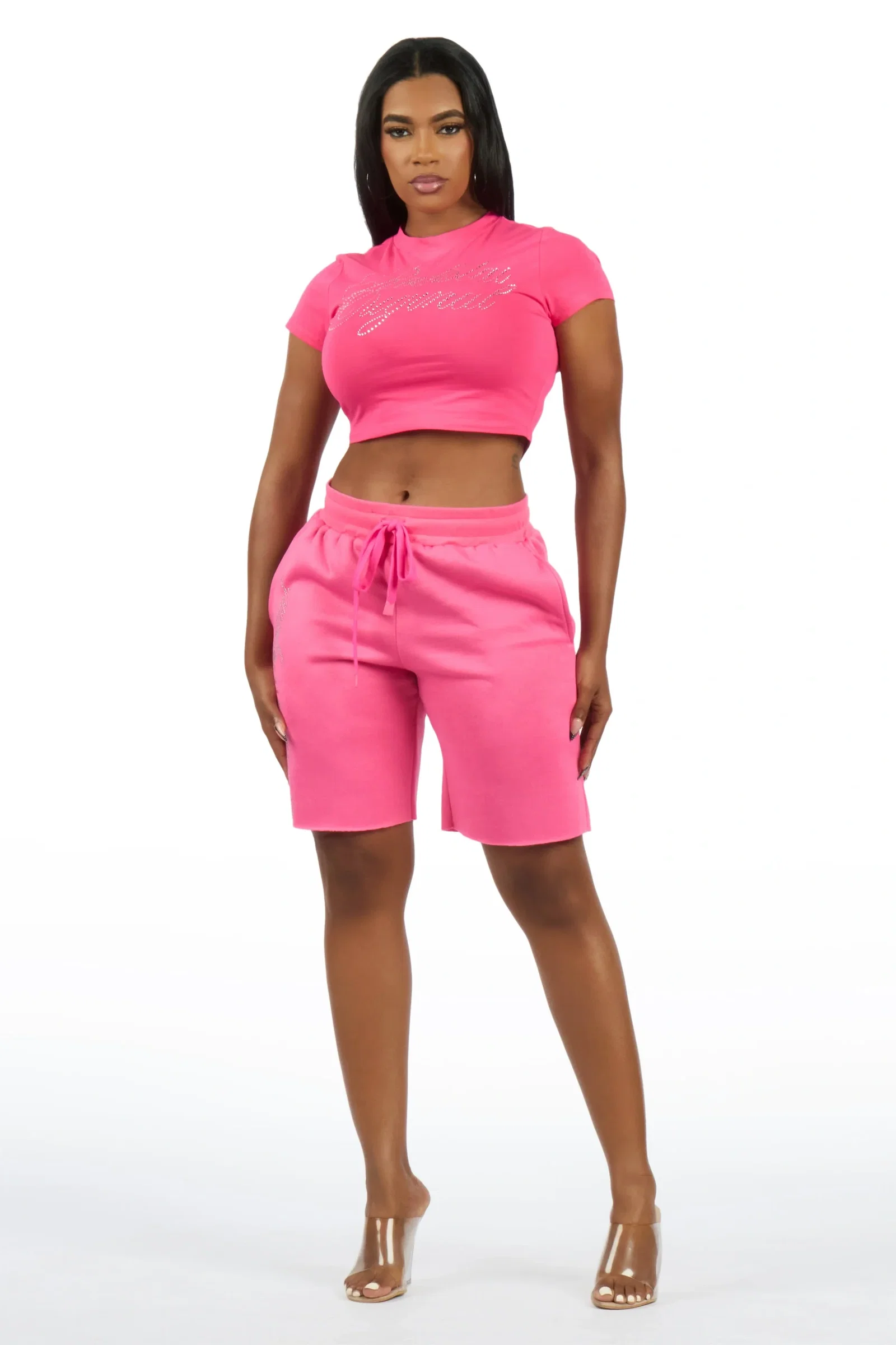 Image of Taiesha Hot Pink Rhinestone T-Shirt Short Set
