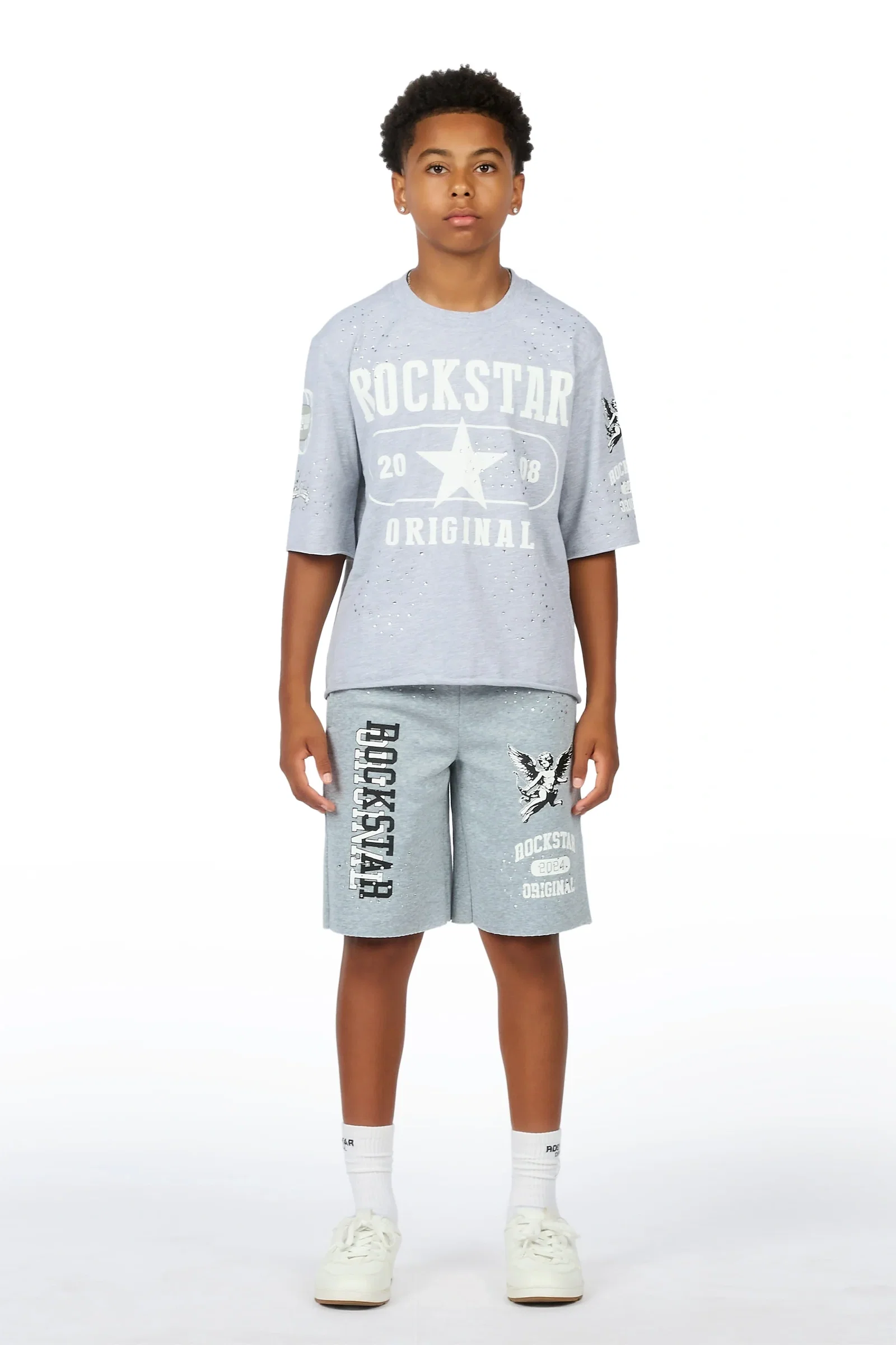 Image of Boys Gutta Grey Rhinestone Boxy T-Shirt/Short Set