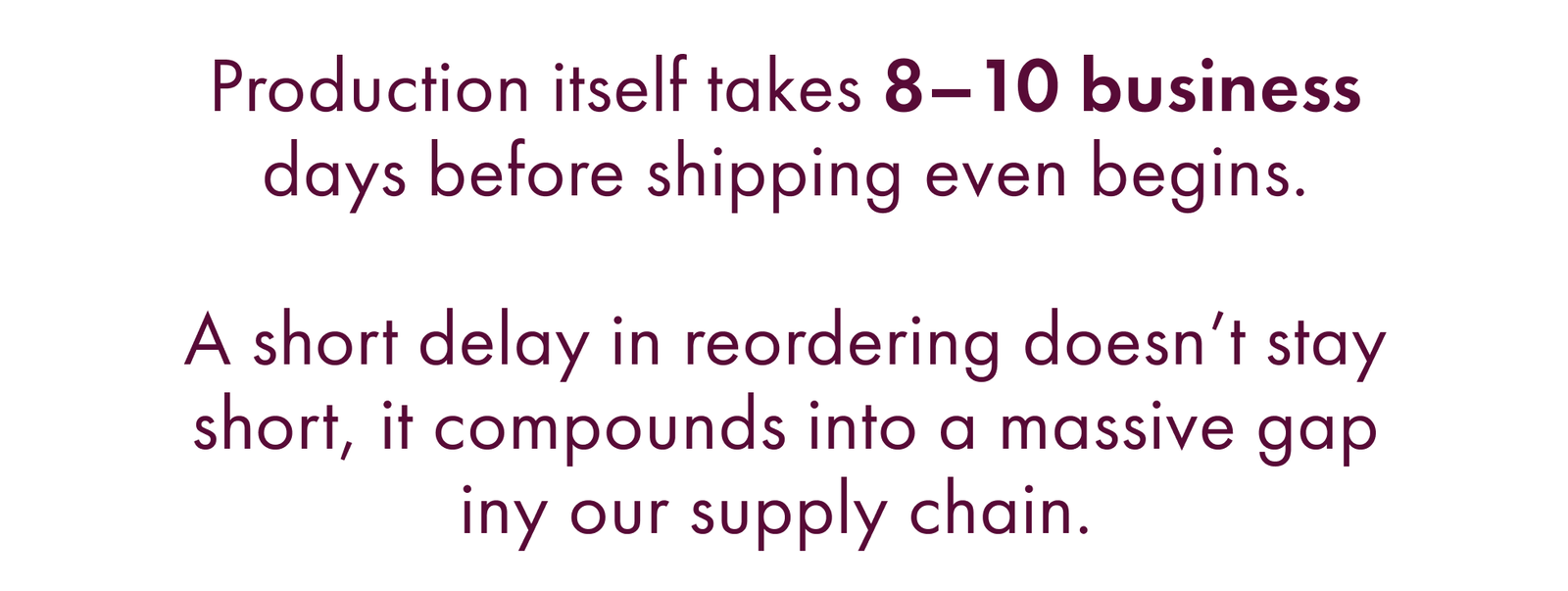 Production Itself Takes 8–10 Business Days Before Shipping Even Begins.a Short Delay in Reordering Doesn’t Stay Short, It Compounds into a Massive Gap Any Our Supply Chain. 