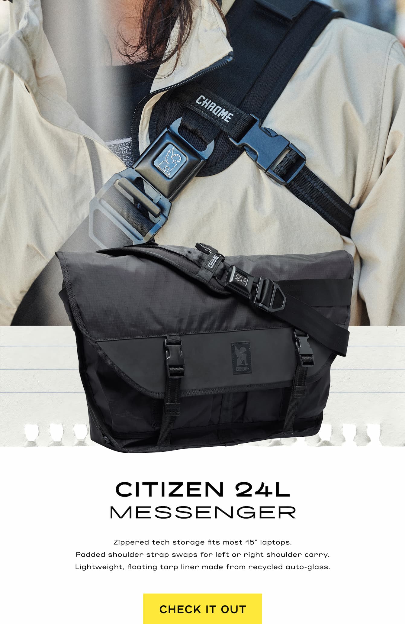 The front of a guy wearing a jacket and a Citizen 24L Messenger