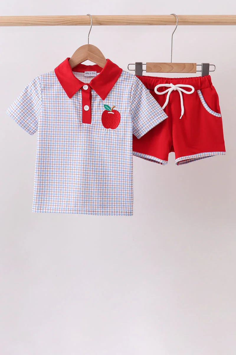 Image of Blue Apple Embroidered Plaid Shorts Set