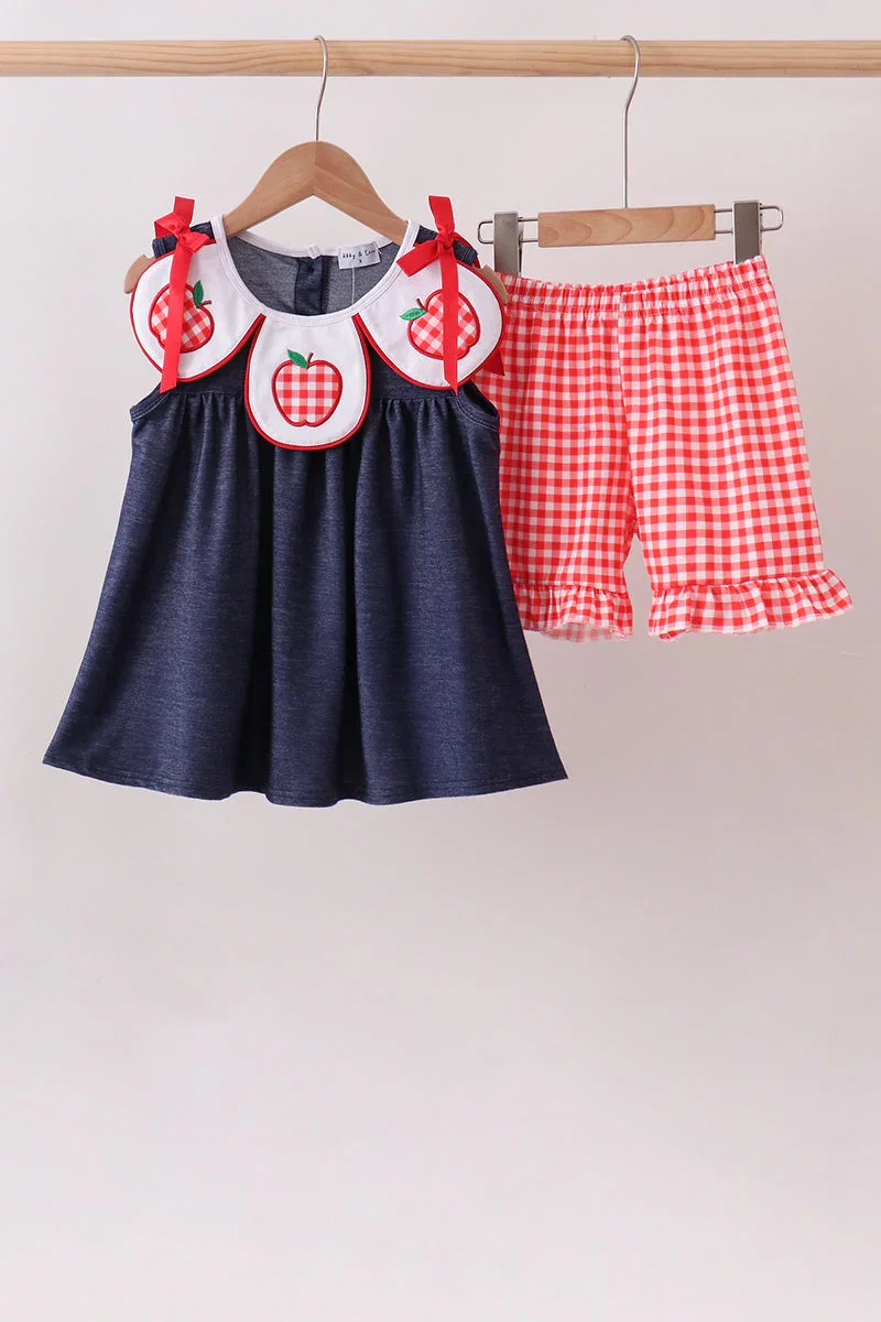 Image of Navy Apple Applique Denim Ruffle Set