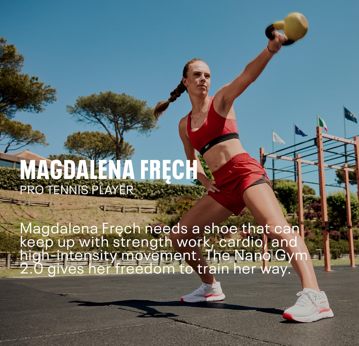 Magdalena Fręch trains outdoors with a kettlebell while wearing Nano Gym 2.0 training shoes. Text reads: “MAGDALENA FRĘCH. PRO TENNIS PLAYER. Magdalena Fręch needs a shoe that can keep up with strength work, cardio, and high-intensity movement. The Nano Gym 2.0 gives her freedom to train her way.”