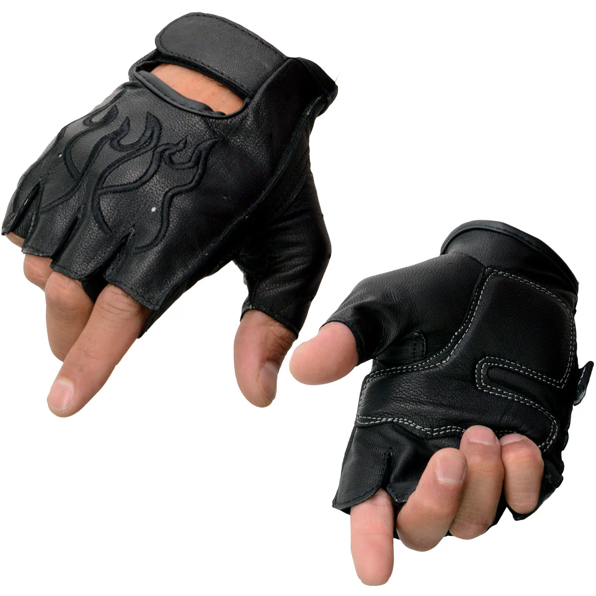 Image of Milwaukee Leather SH198 Men's Black Gel Palm Fingerless Motorcycle Gloves with Black Flame Embroidery