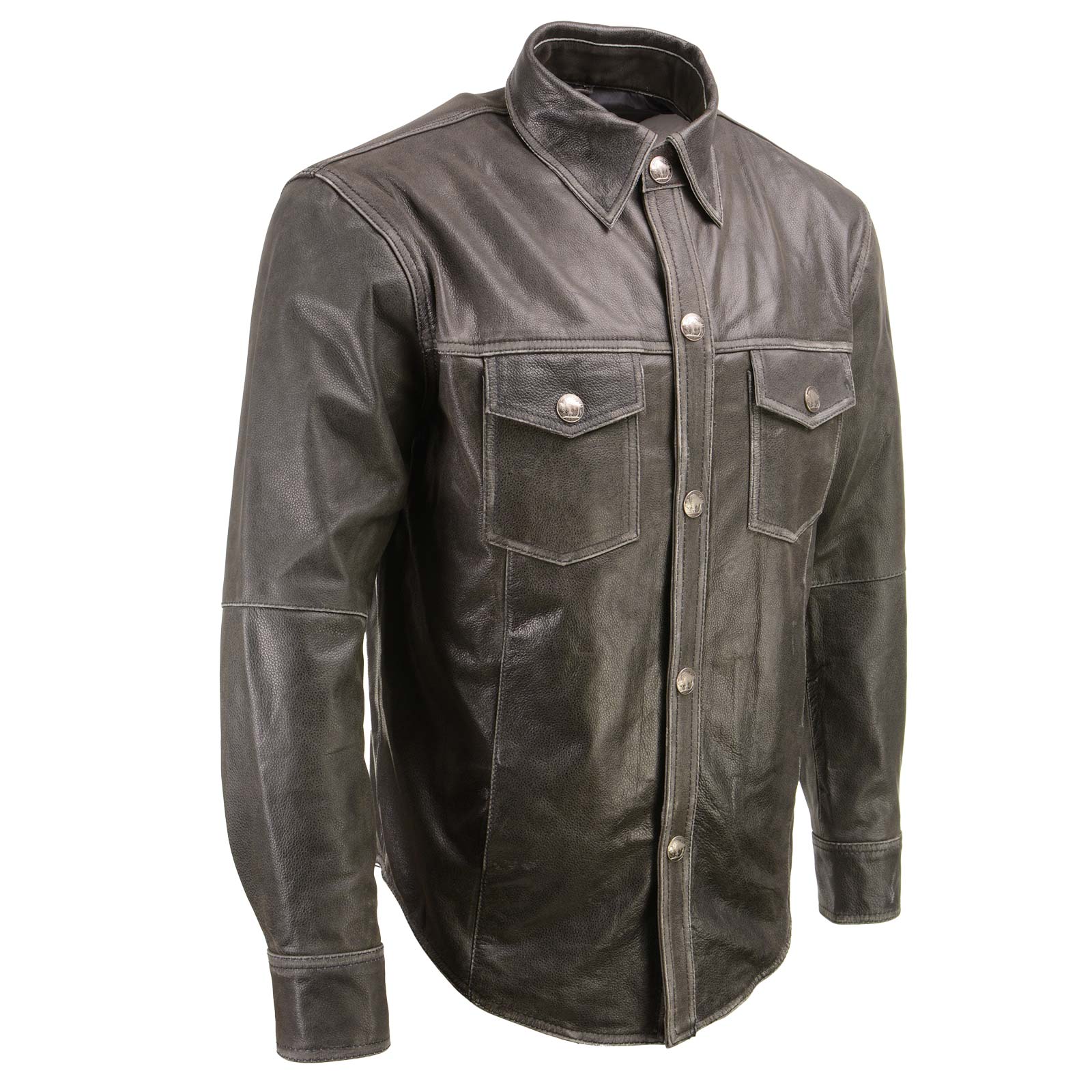 Image of Milwaukee Leather MLM1612 Men's Distressed Grey Casual Biker Rider Leather Shirt w/ Vintage 5 Cent Buffalo Buttons