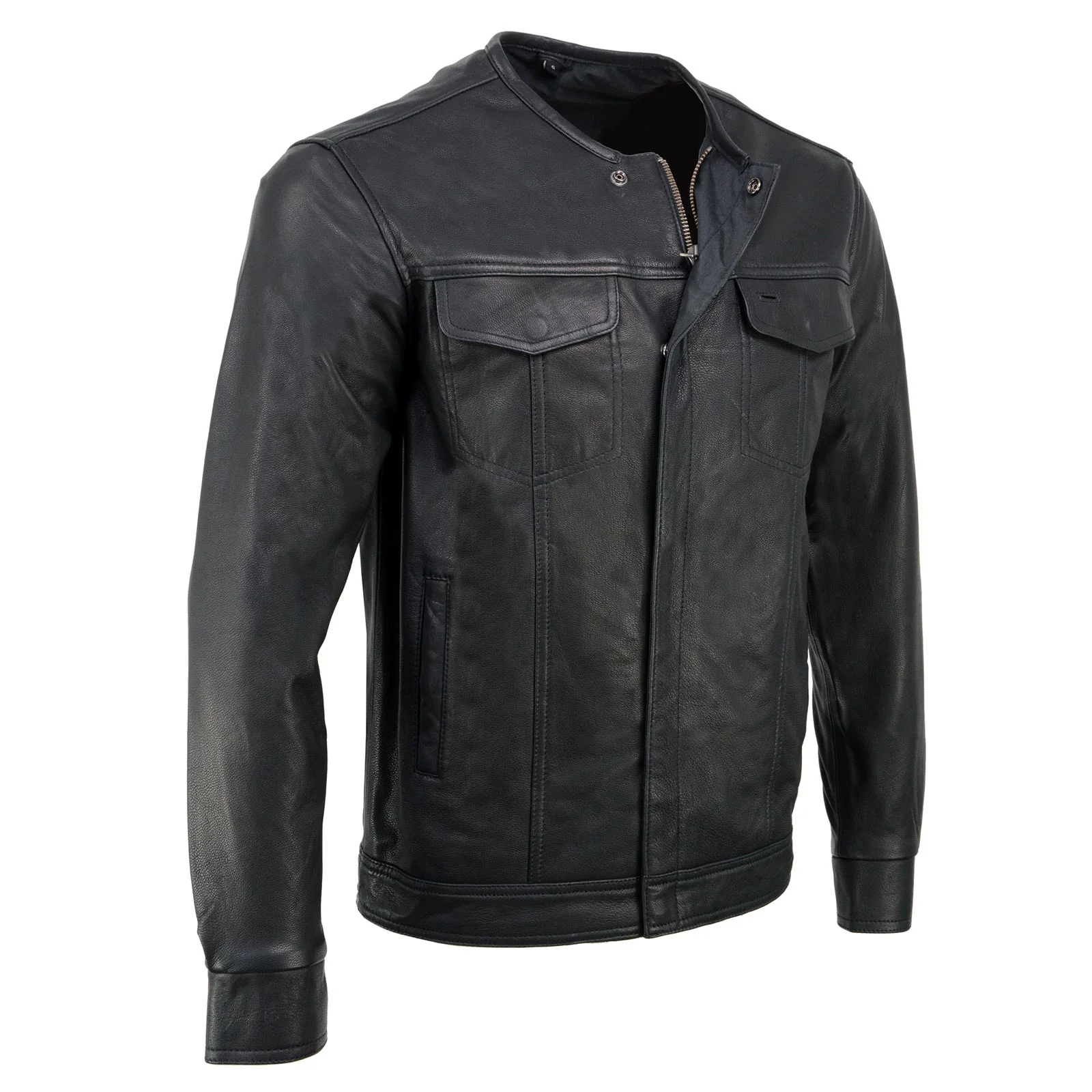 Image of Milwaukee Leather MLM1607 Men's Collarless Black Premium Goat Skin Leather Casual Biker Shirt w/ Dual Closure