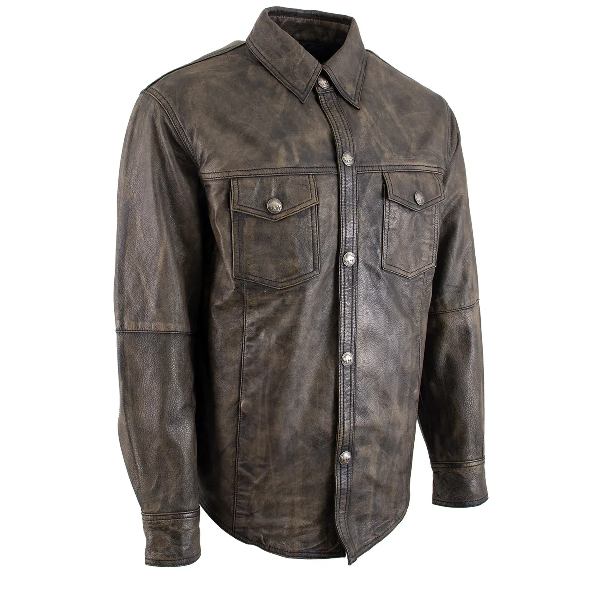 Image of Milwaukee Leather MLM1613 Men's Distressed Brown Casual Biker Rider Leather Shirt w/ Vintage 5 Cent Buffalo Buttons