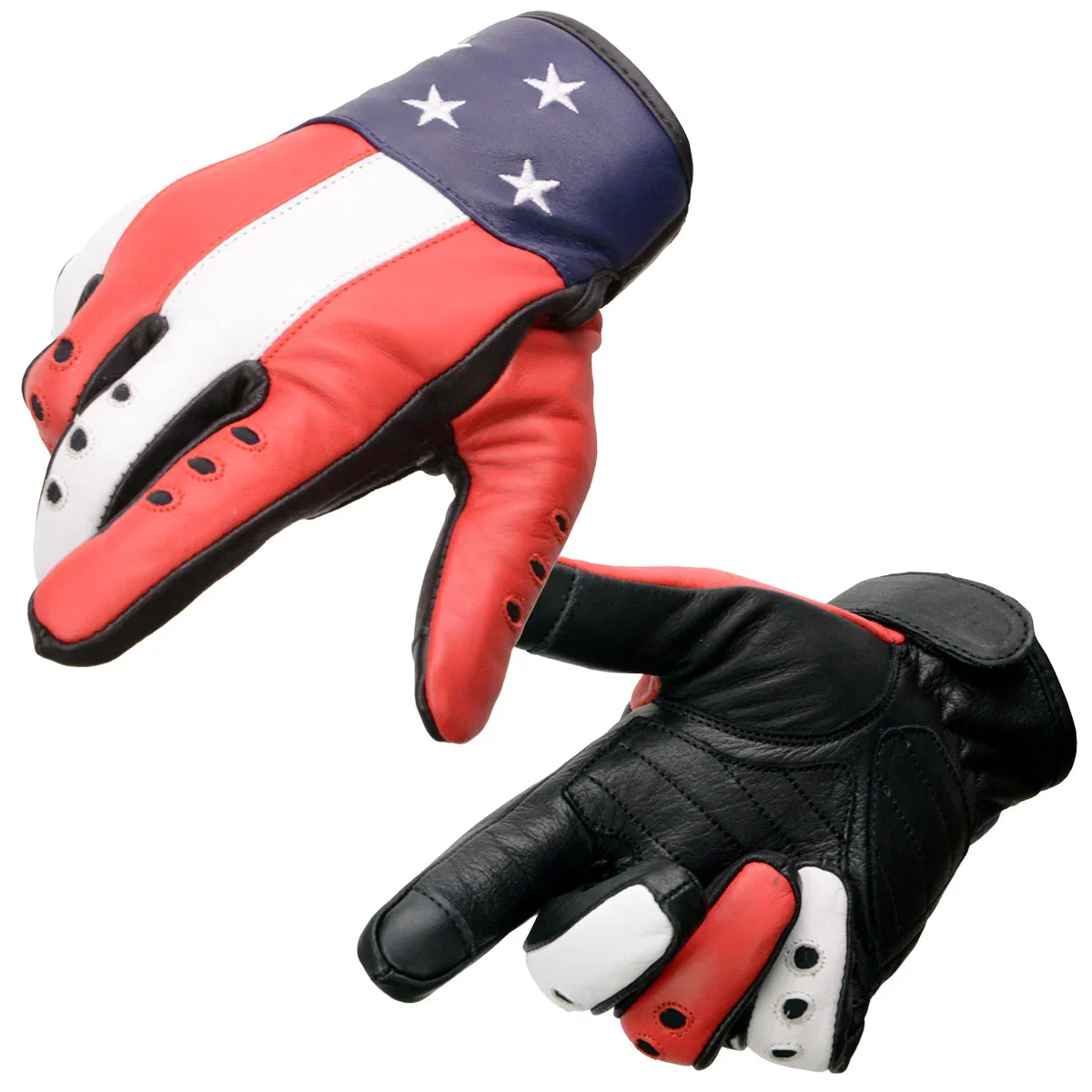 Image of Milwaukee Leather MG7527 Men's Black Leather i-Touch Screen Compatible Motorcycle Hand Gloves w/ Stars and Stripes