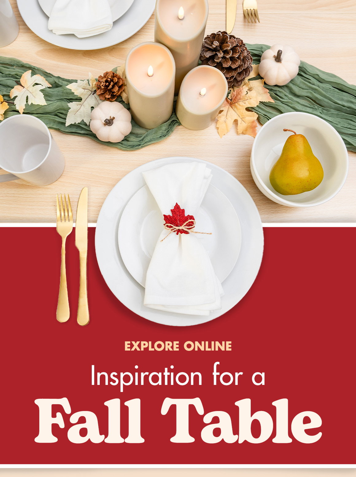 Inspiration for a Fall Table. Image of a dinner place setting with fall table decorations.