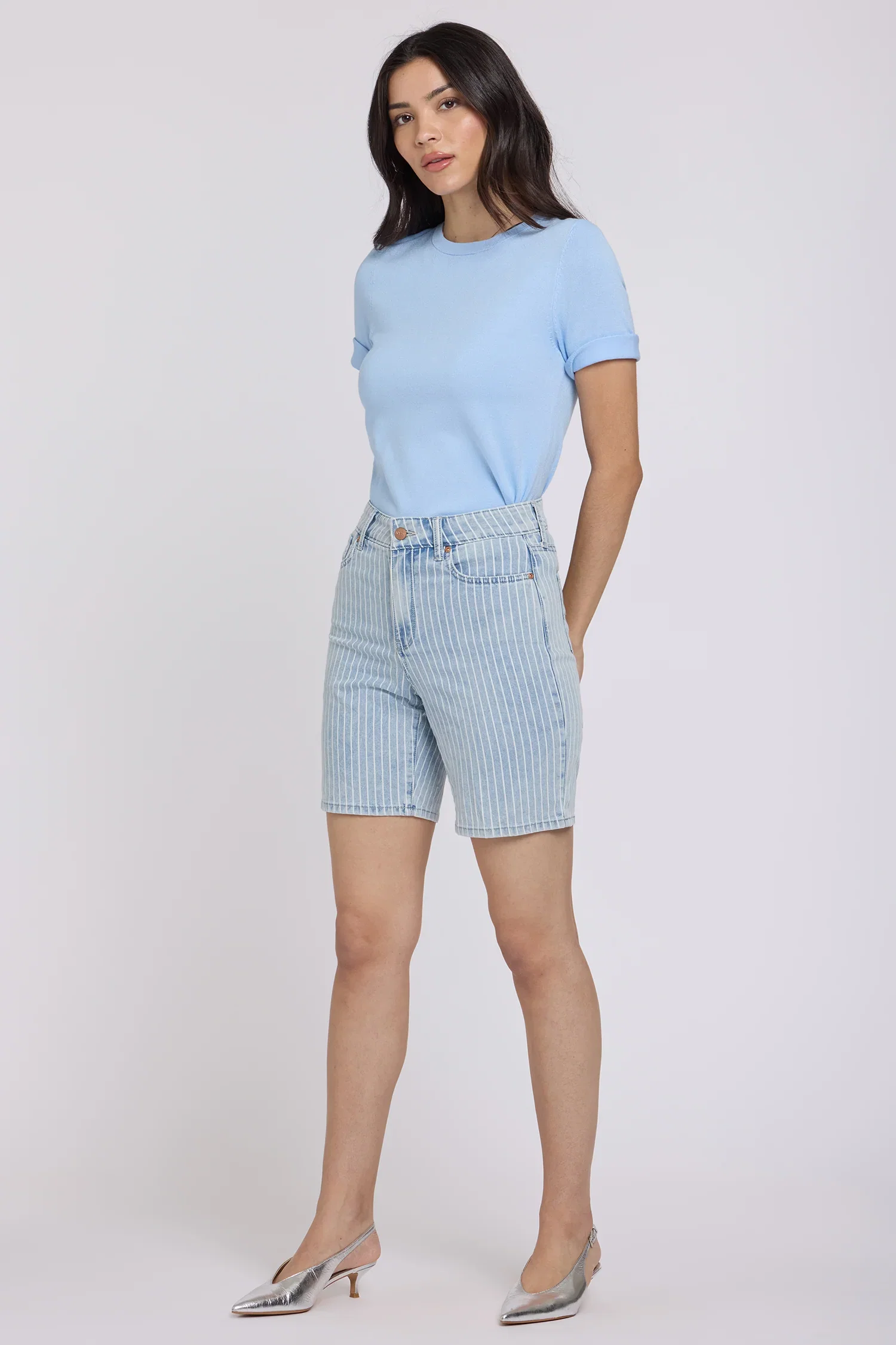 Image of Erin Relaxed Denim Shorts - Azure Stripe