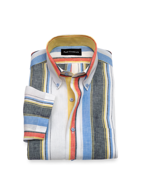 Non-Iron Linen Stripe Dress Shirt With Contrast Trim - White Multi-Classic Fit / 16.5