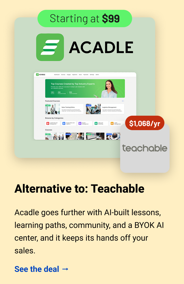 Acadle. Alternative to: Teachable. Acadle goes further with AI-built lessons, learning paths, community, and a BYOK AI center, and it keeps its hands off your sales. See the deal →