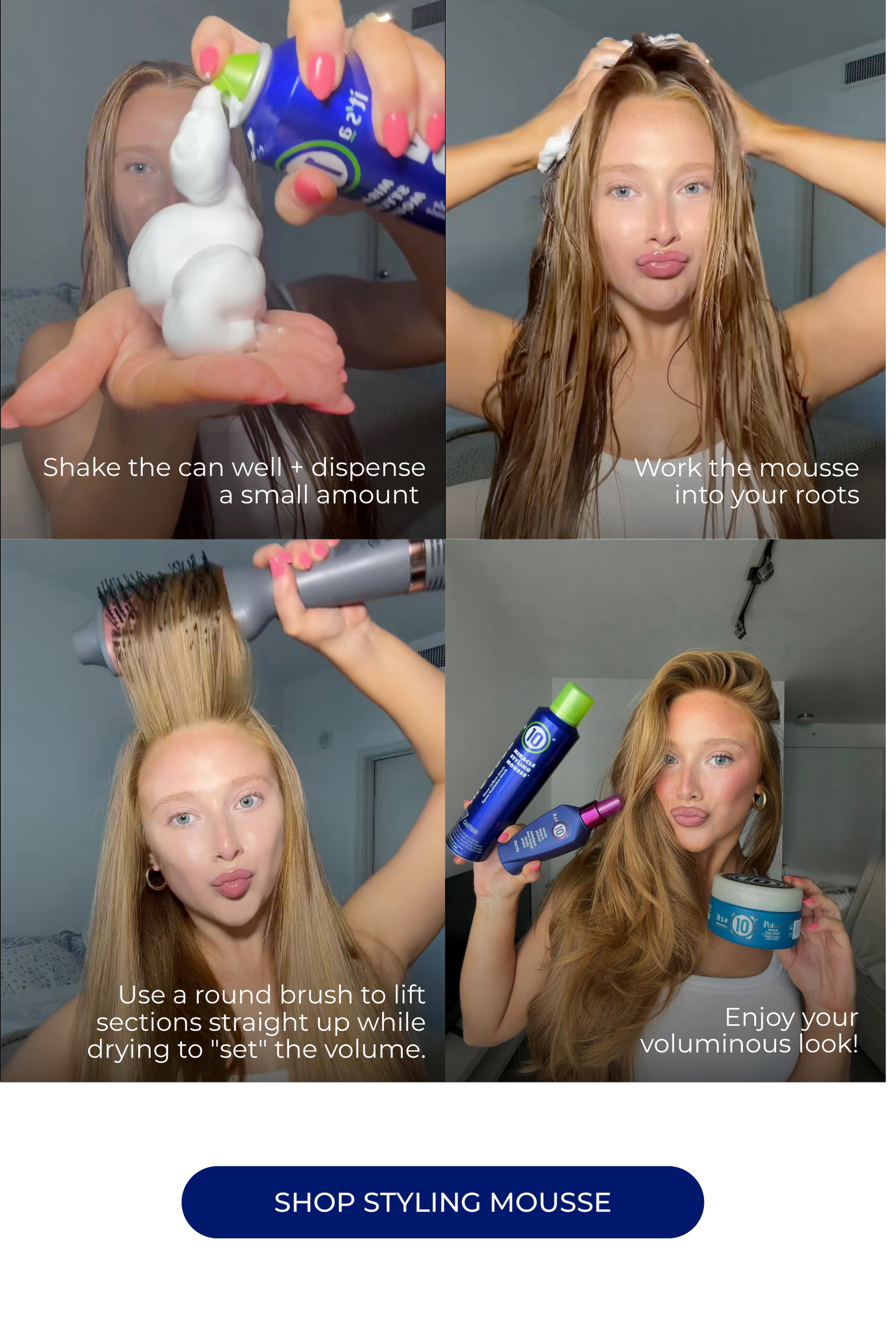 Blonde girl giving tutorial on how to use a styling mousse