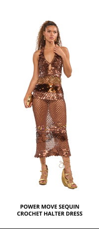 POWER MOVE SEQUIN CROCHET HALTER MAXI DRESS