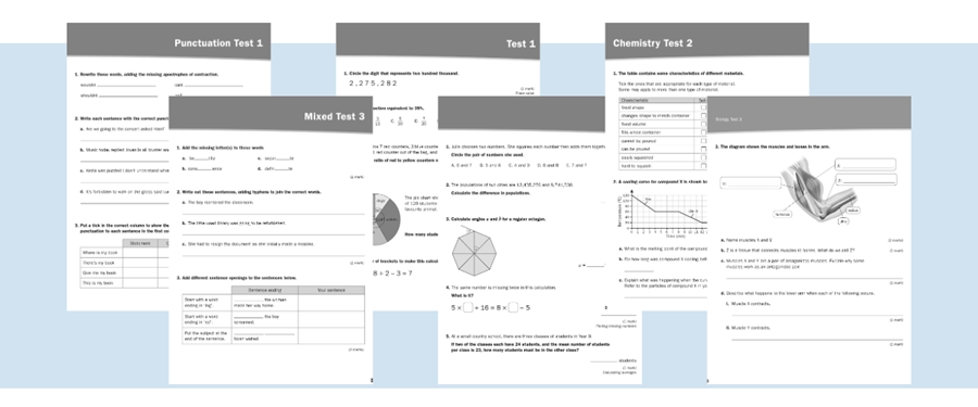 Inside pages from the 10-Minute Test workbooks for English, Maths and Science