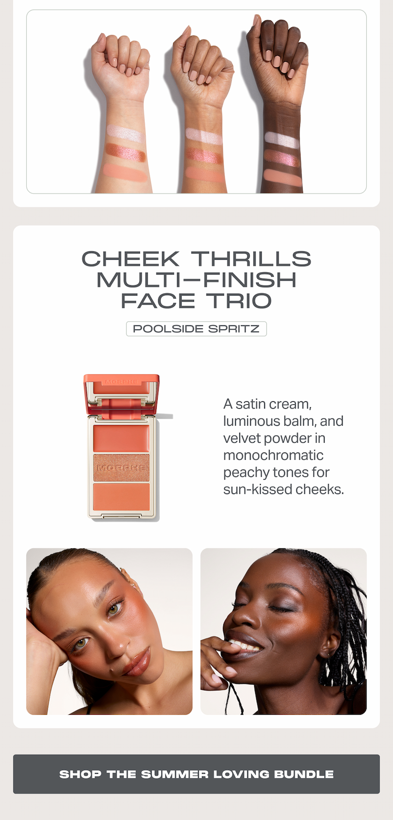 What's inside summer loving bundle: Chromaplus eyeshadow trio + cheek thrills multi-finish face trio