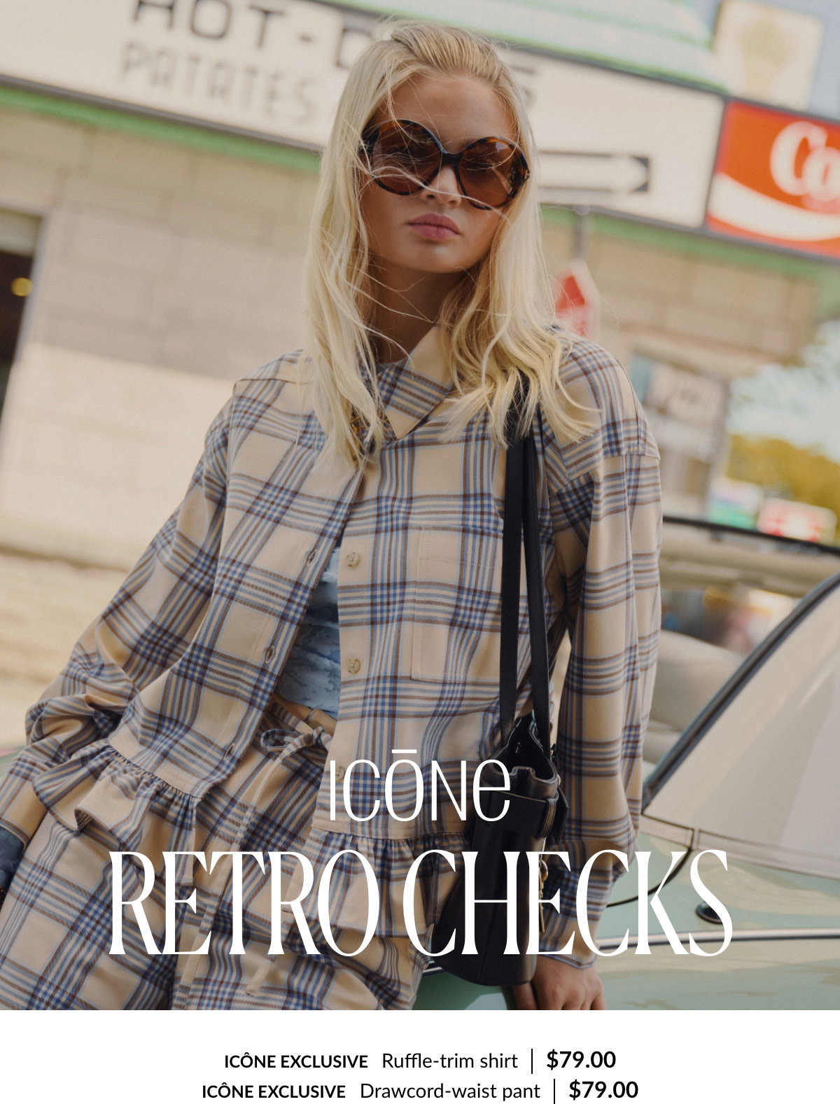 Retro Checks. Woman wearing a Ruffle-trim shirt at 79$ and a Drawcord-waist pant at 79$