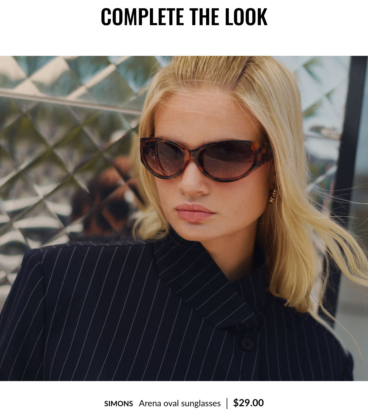 Complete the Look. Woman wearing Arena oval sunglasses at 29$
