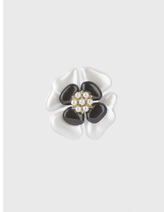 Black and White Camellia Brooch with Pearl Center