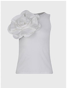 White Sleeveless Cotton Jersey Top With White Oversized Statement Flower