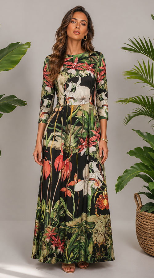 Adam Lippes - Green, Black, & Multi Color Tropical Floral Print Dress Sz 4