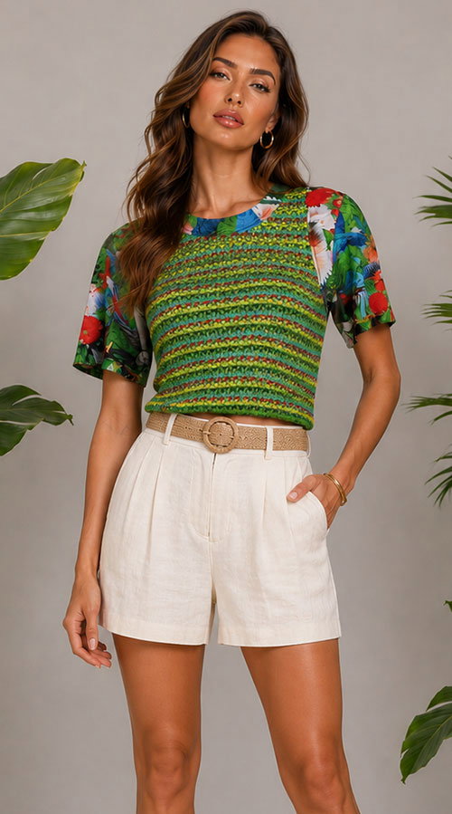 Altuzarra - Green Tropical Print Short Sleeve Top Sz 6