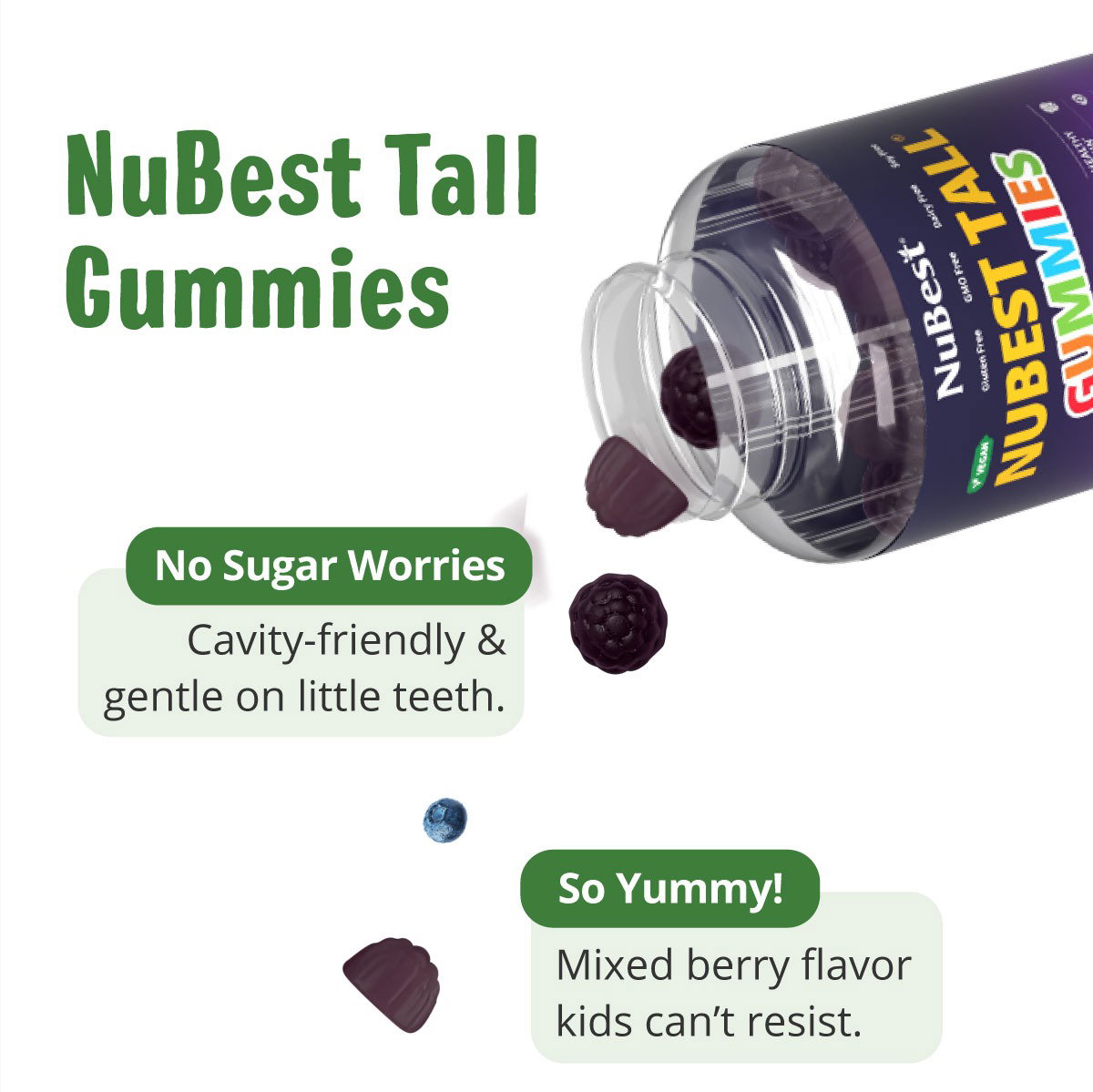 NuBest Tall Gummies make healthy nutrition easy and enjoyable. No sugar worries—they're cavity-friendly and gentle on little teeth. With a delicious mixed berry flavor, they're so yummy that kids can't resist.