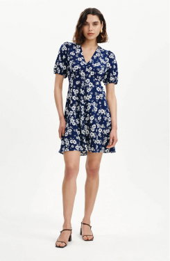 Ensley Navy Floral Puff Sleeve Empire Waist Short Dress