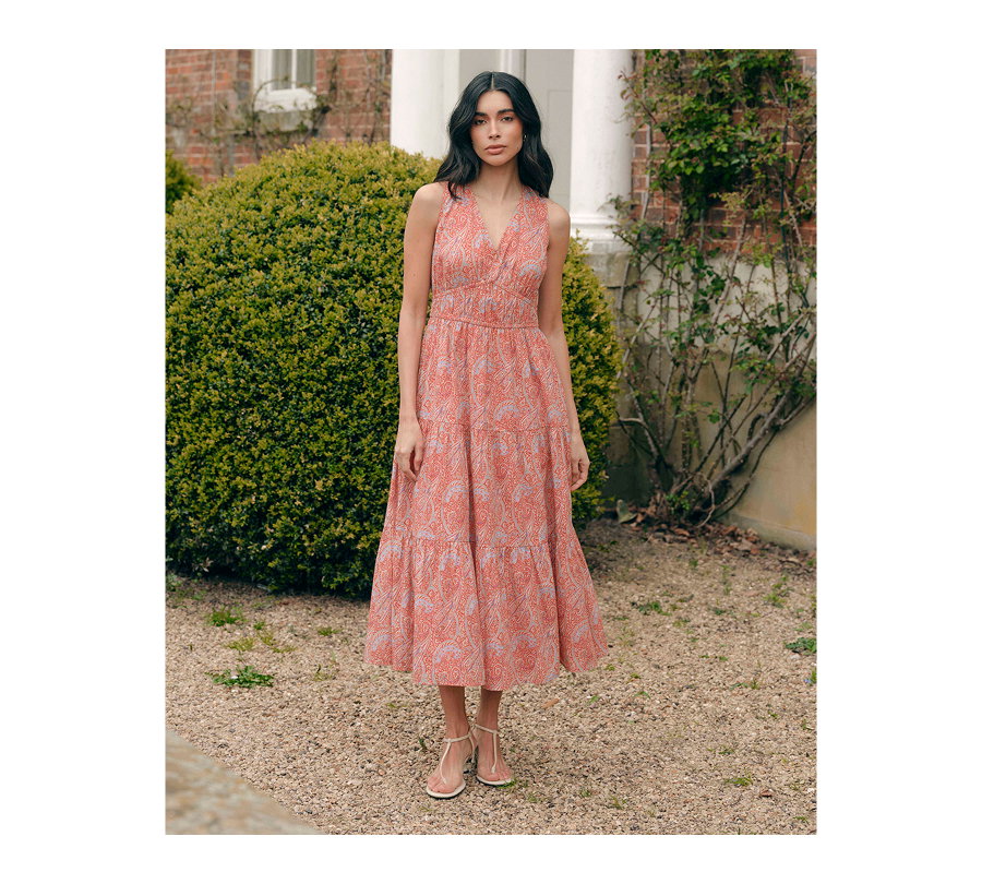Shannon Orange Paisley Cotton Voile Tiered Midi Dress