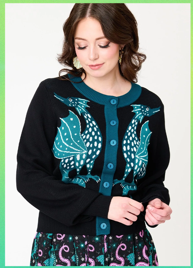 Unique Vintage Black & Teal Dragon Cropped Cardigan