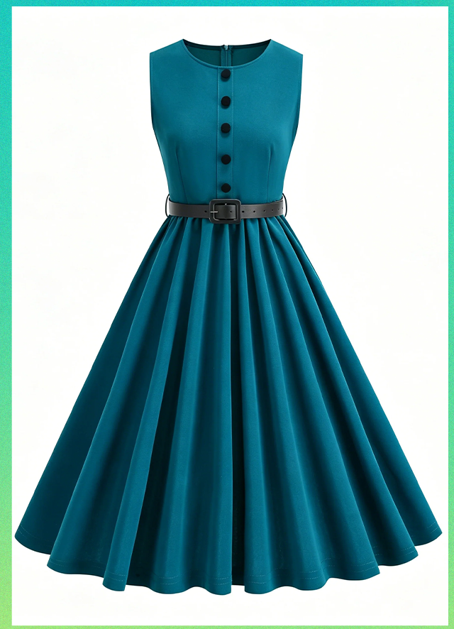Teal Sleeveless Belted Swing Dress